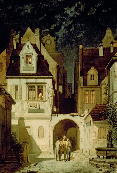 Un rincón de una ciudad alemana a la luz de la luna de Carl Spitzweg